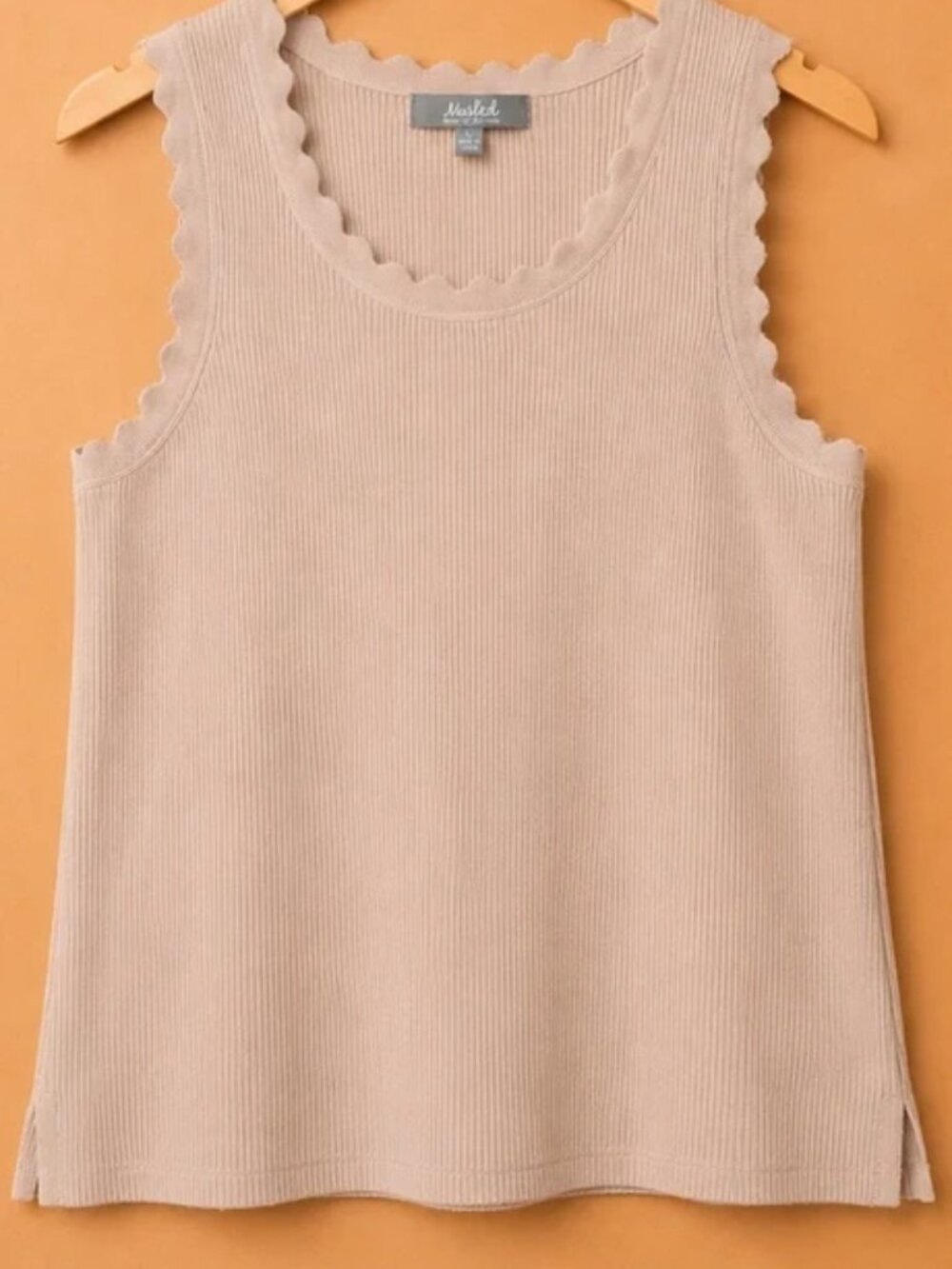 Marled Blush Beige Ribbed Tank Top Size L | Scalloped Trim Soft Minimalist Knit